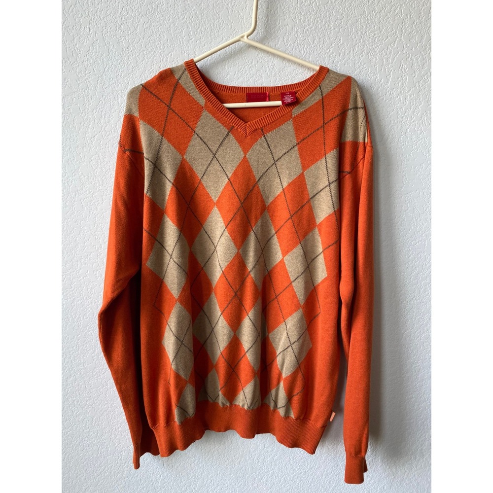 IZOD Mens Argyle V-Neck Sweater Size L Orange Tan 4586921 Preppy Cotton